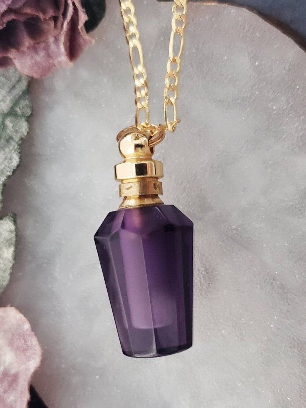 Amethyst Necklace Purple Crystal Perfume Bottle Pendant Gold Figaro Chain - Picture 2 of 9